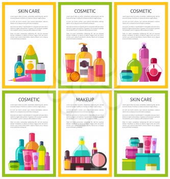 Lot of skin care makeup cosmetic color banners, framed vector illustration, many vials with care stuff, perfume and lipstick, powder and nail polish