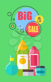 Big sale for shampoos and shower gels promotional poster. Plastic bottles of toiletry products vector illustrations on discount advertisement banner.