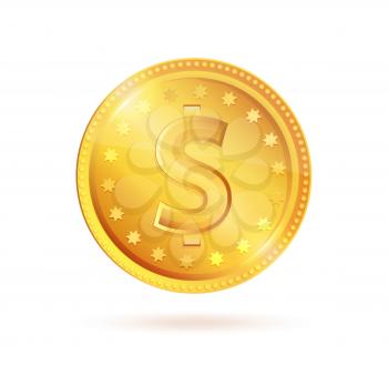 Golden coin dollar sign vector illlustration isolated on white background. Gold money symbol of richness and wealth,earnings and profit, realistic icon
