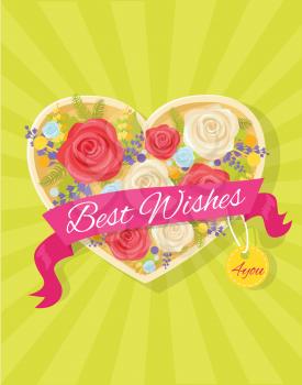 Best wishes bright poster with heart frame filled with flowers. Vector illustration with bouquet of beautiful red and white roses on green background