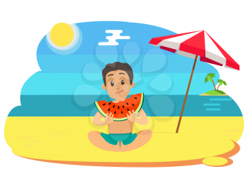 Boy eating watermelon on beach, teenager with full cheeks holding slice of summer fruit, sitting teenager in blue shorts, parasol and islands vector