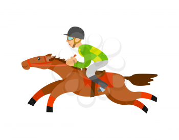 Horse racing sports vector, rider wearing helmet sitting horseback isolated character in dangerous equestrian race. Horserace competition flat style