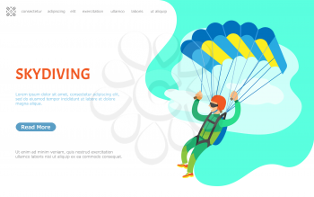 Skydiving hobby of person vector, strong male holding straps of parachute flying landing down on ground. Extreme sports and hobby activity of man. Website or webpage template, landing page flat style