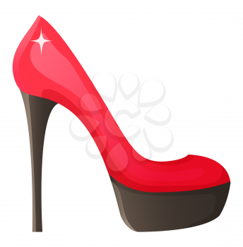 High heeled shoe, side and flat design style of fashion footwear on platform, woman glossy accessory, nightclub symbol, elegant decoration vector
