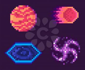Pixel game vector, isolated planet with spots and flaming meteor falling inside, black hole celestial bodies asteroid graphics for pixelated 8 bit gaming process