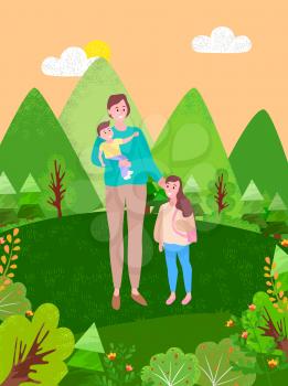 Happy mother and kids spend time together in countryside. Vector woman and two kids, boy toddler and girl of 4 or 5 years. Family spend time outdoors
