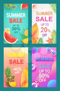 Summer sale vector, season discount leaflets set. Slices of watermelon, pineapple and orange, sun glasses, surfboard and starfish, shell and palm leaves, bunners for summertime business