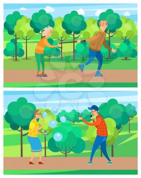 Old people in park, leisure of aged man and woman walking near green trees, blowing bubbles, targeting, rollerblading, grandparents activity vector, funny grandmother and grandfather
