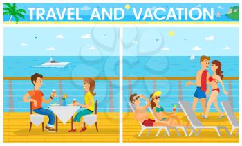 Travel and vacation on ship, couple sitting at table, man and woman in swimsuit lying on chaise lounge. Cruise with tourists, cloudy sky, ocean view vector
