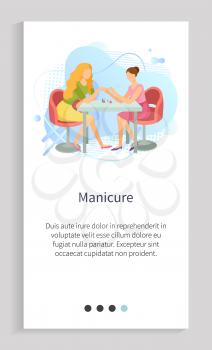 Manicure in spa salon vector, expert woman sitting by table polishing nails of client, cuticle cutting and making fingers look beautiful. Website or app slider template, landing page flat style