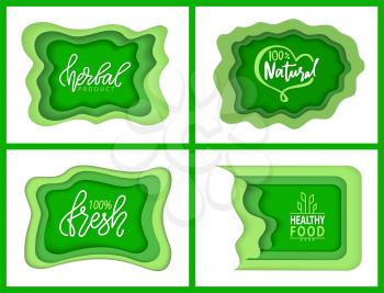 Organic food and supplies vector, isolated set of green logotypes, foliage vegetal elements, apple and plants with leaves natural meal and ingredients