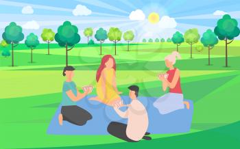 Friends playing game vector, spending time together in park with green trees, young people on summer outdoor recreation, happy weekend with friend, adults with cards on picnic. Flat cartoon