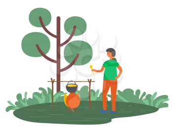 Woman cooking in pot on fire outdoors isolated cartoon character in summer forest. Vector woman preparing soup on bonfire, female making dinner on picnic. Flat cartoon