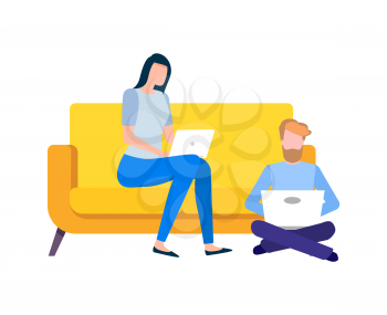 Man and woman working from home vector, team of freelancers with laptops flat style, lady sitting on couch and male on ground, programming and coding. Flat cartoon