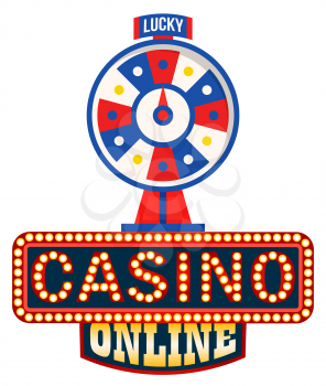Online casino logo, lucky fortune wheel isolated on white. Vector symbol of gambling games, rotation circle with pointer, entertainment and betting concept. Flat cartoon