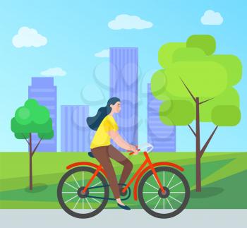 Woman riding on bicycle in green city park with trees and houses on background. Vector cartoon style girl cycling outdoors, cyclist female, summertime. Flat cartoon