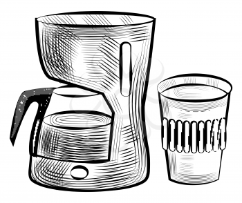 Coffee beverage poured in plastic cup vector, monochrome sketch outline set. Colorless drink in coffeemaker machine with glass pot flat style takeout