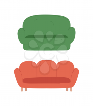 Soft seat with arms, colorful furniture in flat design style, empty sofa set decorations, interior objects for apartment, nobody place, fabric vector. Flat cartoon