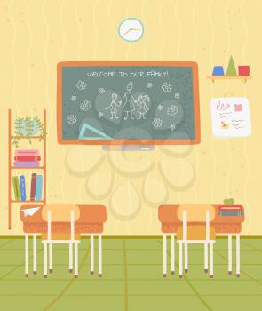 School classroom or educational place, chalkboard and shelf with book. Nobody class, desktop and chair, studying symbol, furniture indoor, blackboard vector. Back to school concept. Flat cartoon