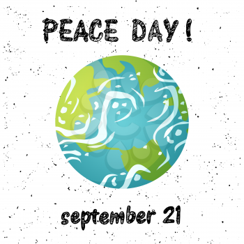 Peace day, 21 September, international holiday, postcard decorated by points and planet flat design style, earth with continent and water view vector. Text peace day over earth. Flat cartoon