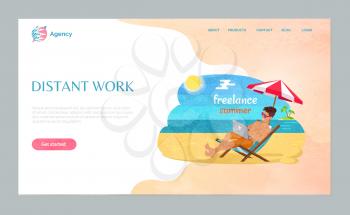 Freelance summer or distant work of man, laptop on beach, smiling male using wireless divice, male sitting under umbrella, workplace outdoor vector. Website webpage template, landing page flat style