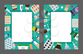 Blank frames with pills and medical liquids in bottles set. Frameworks decorated by medicines or healing means isolated flat vector illustrations.