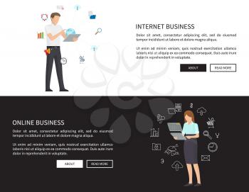 Internet and online business pages set, man and woman working on laptops, icons surround employees, text sample with headlines vector illustration