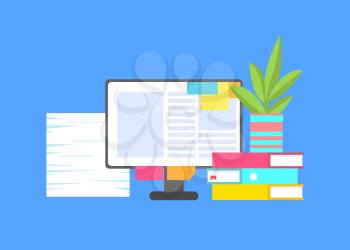 Big screen with paper stickers, folders of documents and indoor plant in striped pot. Work environment elements cartoon flat vector illustration.