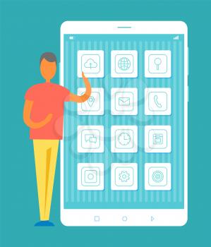Man standing by mobile phone and holding cloud button for uploading files to web storage, modern device and human isolated on vector illustration