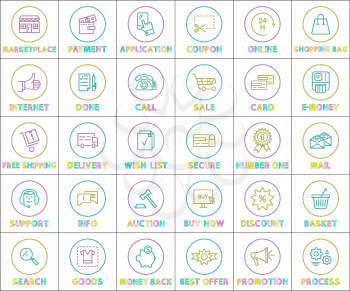 Internet web linear outline bright round icons set. Online services and communicative functions buttons isolated cartoon flat vector illustrations.