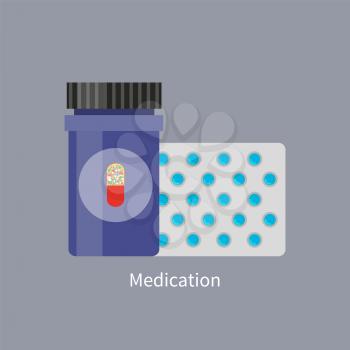 Medication promo with jar and plastic bar of pills or capsules. Modern medicines commercial in containers isolated cartoon flat vector illustration.