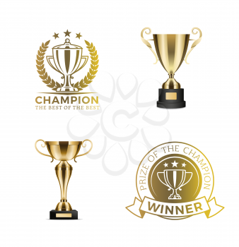 Gold shiny rewards for winners and champions set. Trophy cups with round diploma certificates. Competition shiny awards isolated vector illustrations.