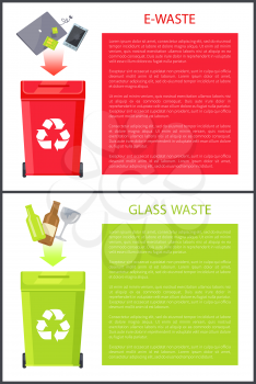 E-waste and glass waste collection of posters, text sample information, bins with recycle sign, mobile phone, bottles being thrown vector illustration