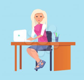 Woman typing on laptop sitting at table vector illustration of female office worker on chair near desk with stationery accessories isolated on blue