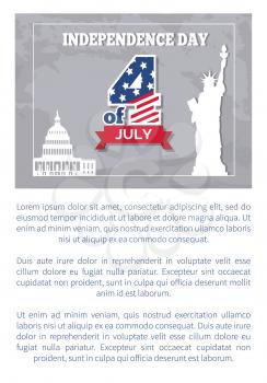 Independence Day 4 of July poster, American Statue of Liberty and Washington capitol. Greeting card symbols of USA, famous landmarks vector text sample