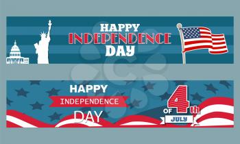 Happy Independence Day 4th of July patriotic posters with symbols of US, Statue of Liberty, Washington Capitol, federal flag and text vector greetings