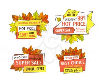 Sale super quality special offers labels set, up to 50 percent discount promo tags. Autumn half price advertising emblems, foliage and leaves vector