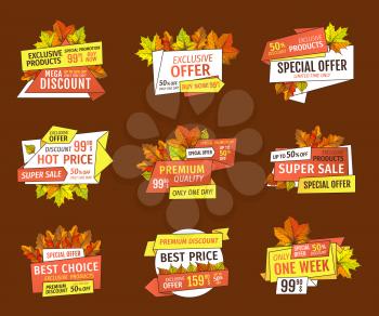 Autumn half price advertising emblems, foliage and leaves vector. Sale super quality special offers labels set, up to 50 percent discount promo tags.