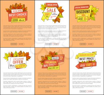 Special exclusive offer buy now posters set with oak leaves. Vector autumn sale banner, yellow foliage. Best choice promo discounts on Thanksgiving day