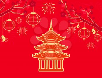 China and Chinese country signs symbols set vector. Tree branch with flourishing flowers and lanterns. Building and fireworks, architecture sakura
