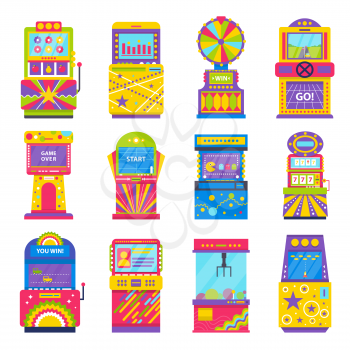 Game machines playing and gambling isolated icons set vector. Arcades and entertainment for people, screen with numbers and pictures, game over sign
