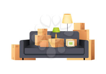Box carton parcels and packs, sofa and standing lamp vector. Torchiere and couch, cardboard paper packages for transportation of personal belongings