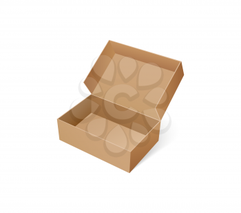 Open box for shoes storage. Empty container made of carton, brown pack for goods delivery, blank packaging parcel of rectangular shape vector isolated
