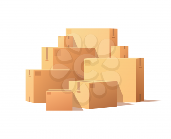 Pile of parcel boxes, stacked sealed goods in cardboard. Realistic packages with adhesive tape isolated on white. Carton packs vector delivery icons