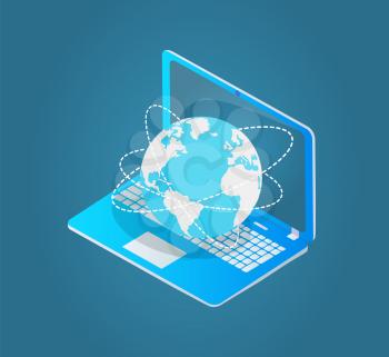 Laptop with world wide web emblem 3d isometric model isolated vector banner. Open tablet with globe surrounded with dotted lines on gadget keyboard