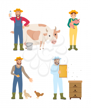 Farmer man and woman isolated icons set vector. Man with cow and produced organic drink, woman with piglet. Person feeding hens, beekeeper and bees