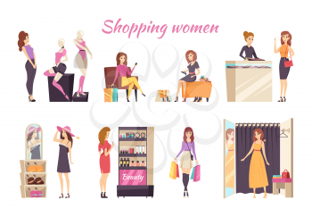 Shopping women poster with text and ladies at store vector. Jewelry shop and shoe, clothes and cosmetics stand with makeup products. Hats headwear