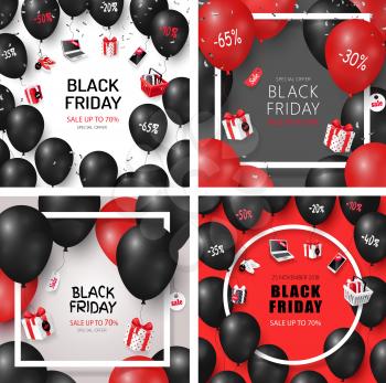 Black Friday sale cards set with white square frames, lot of dark and red balloons, printed percents signs on them, gift boxes vector illustration.