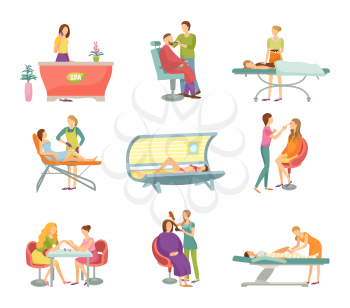 Spa salon pedicure and barber shop procedures isolated icons vector. Receptionist on reception, massage and masseur, tanning process and cosmetician