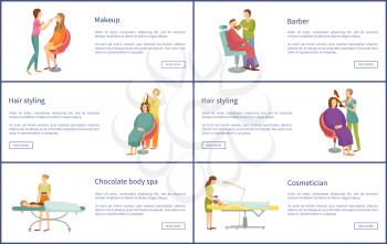 Makeup and barber man beard care, posters set with text sample. Chocolate body spa and cosmetician facial procedure. Beauty treatment services vector